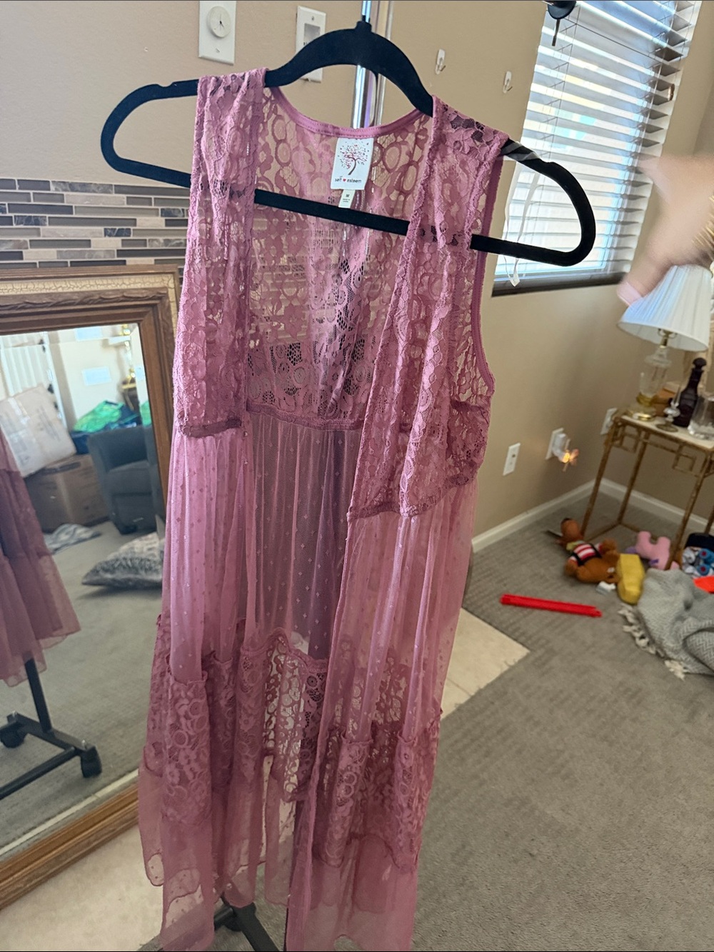 Self Esteem Mauve Lace Sheer Long Robe Vest